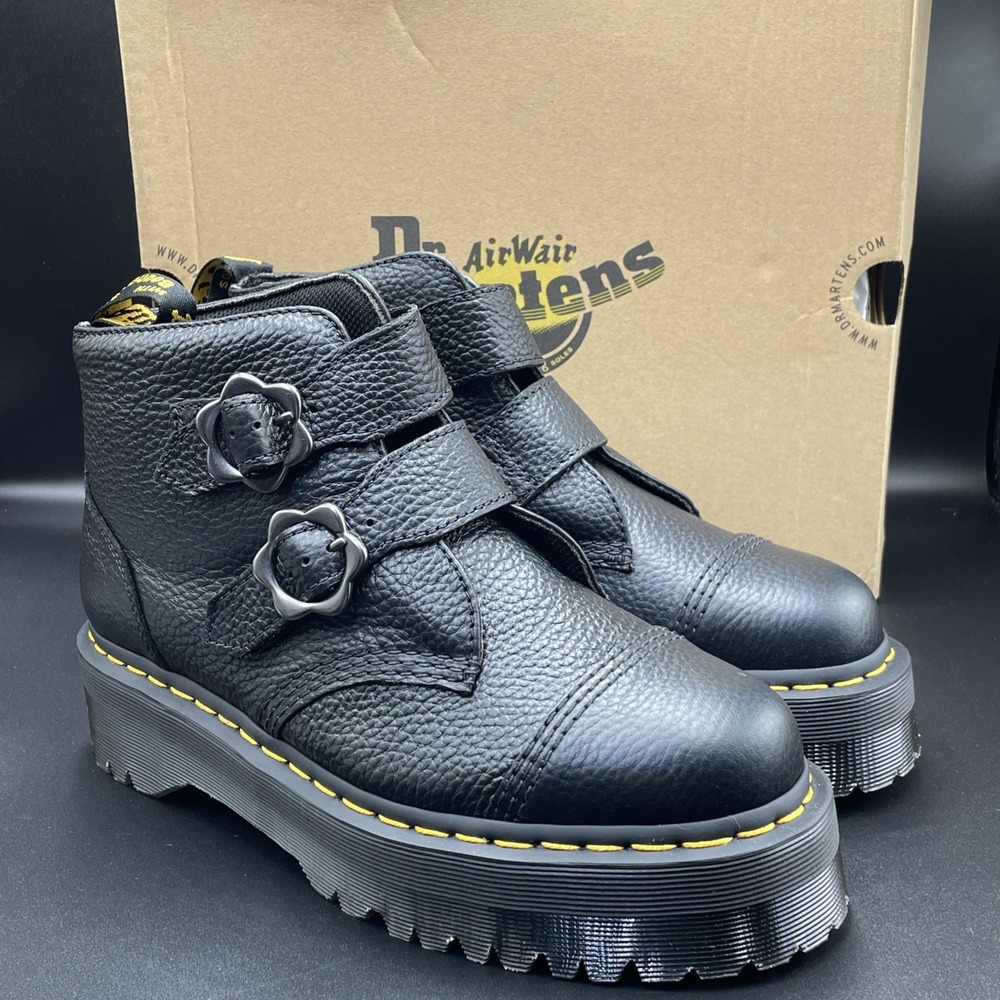 Dr. Martens Women's Sz 10 Devon Flower Buckle Leather Platform Boots Black NEW